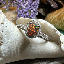 Load image into Gallery viewer, Opal Engagement Ring, Black Opal Ring, Promise Ring, Cocktail Ring, Celtic Pinky Ring, Anniversary Gift, Scottish Red Ring, Large Ring