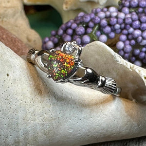 Claddagh Ring, Celtic Jewelry, Irish Jewelry, Black Fire Opal Ring, Irish Ring, Heart Jewelry, Anniversary Gift, Bridal Ring, Promise Ring