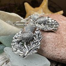 Load image into Gallery viewer, Thistle Earrings, Celtic Jewelry, Silver Scottish Earrings, Outlander Jewelry, Flower Jewelry, Mom Gift, Nature Jewelry, Large Drop Earrings