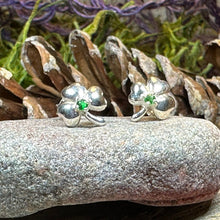 Load image into Gallery viewer, Emerald Shamrock Earrings, Celtic Jewelry, Irish Jewelry, Clover Jewelry, Ireland Gift, Anniversary Gift, Wife Gift, Girlfriend Gift