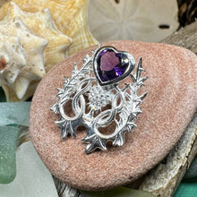 Load image into Gallery viewer, Thistle Brooch, Scotland Jewelry, Outlander Jewelry, Bridal Brooch, Thistle Jewelry, Scottish Jewelry, Celtic Brooch, Amethyst Silver Pin