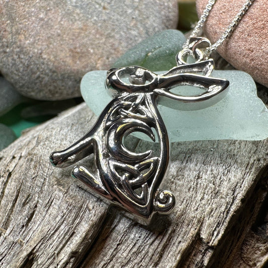 Rabbit Necklace, Crescent Moon Pendant, Celestial Jewelry, Mystical Jewelry, Moonstone Jewelry, Celtic Pendant, Silver Pendant, Irish Gift