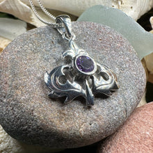 Load image into Gallery viewer, Thistle Necklace, Scotland Jewelry, Amethyst Pendant, Celtic Jewelry, Sister Gift, Mom Gift, Wife Gift, Anniversary Gift, Scotland Gift