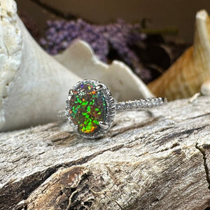 Opal Engagement Ring, Black Opal Ring, Promise Ring, Cocktail Ring, Celtic Pinky Ring, Anniversary Gift, Scottish Red Ring, Large Ring