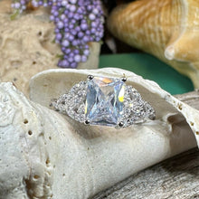 Load image into Gallery viewer, Celtic Engagement Ring, Diamond Promise Ring, Scotland Ring, Princess Cut Ring, Celtic Knot Jewelry, Anniversary Gift, Ladies Cocktail Ring