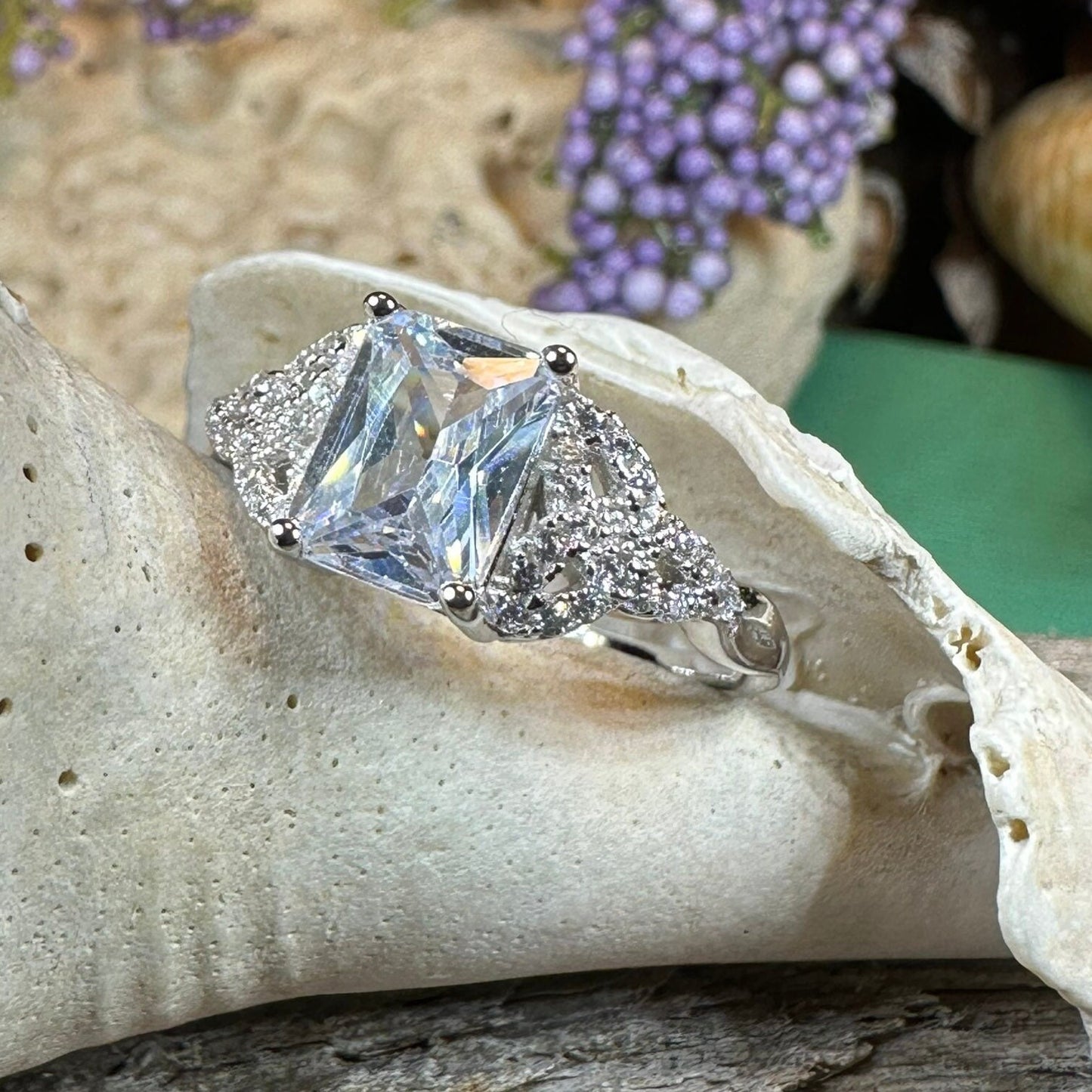 Celtic Engagement Ring, Diamond Promise Ring, Scotland Ring, Princess Cut Ring, Celtic Knot Jewelry, Anniversary Gift, Ladies Cocktail Ring