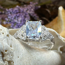 Load image into Gallery viewer, Celtic Engagement Ring, Diamond Promise Ring, Scotland Ring, Princess Cut Ring, Celtic Knot Jewelry, Anniversary Gift, Ladies Cocktail Ring