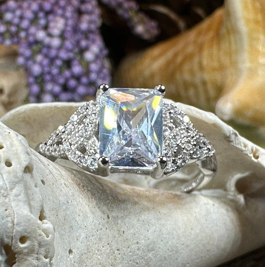 Celtic Engagement Ring, Diamond Promise Ring, Scotland Ring, Princess Cut Ring, Celtic Knot Jewelry, Anniversary Gift, Ladies Cocktail Ring