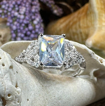 Load image into Gallery viewer, Celtic Engagement Ring, Diamond Promise Ring, Scotland Ring, Princess Cut Ring, Celtic Knot Jewelry, Anniversary Gift, Ladies Cocktail Ring