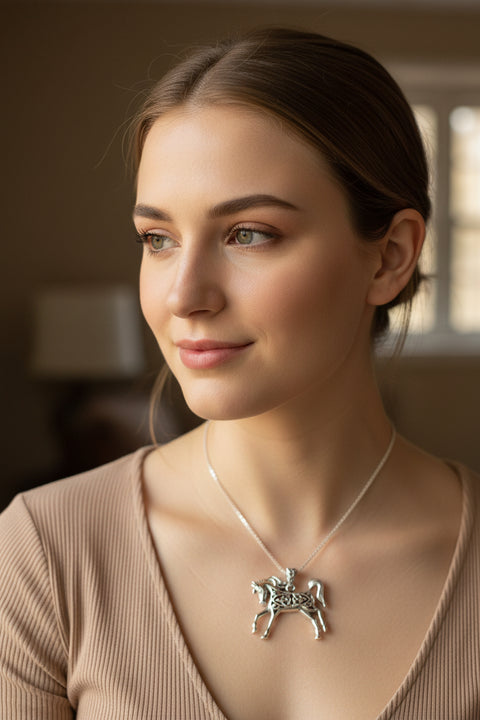 Load image into Gallery viewer, Horse Necklace, Celtic Jewelry, Equestrian Jewelry, Animal Jewelry, Nature Jewelry, Gift for Her, Ireland Jewelry, Celtic Knot Necklace