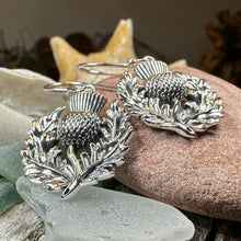 Load image into Gallery viewer, Thistle Earrings, Celtic Jewelry, Silver Scottish Earrings, Outlander Jewelry, Flower Jewelry, Mom Gift, Nature Jewelry, Large Drop Earrings