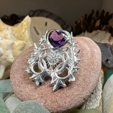 Load image into Gallery viewer, Thistle Brooch, Scotland Jewelry, Outlander Jewelry, Bridal Brooch, Thistle Jewelry, Scottish Jewelry, Celtic Brooch, Amethyst Silver Pin