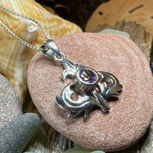 Load image into Gallery viewer, Thistle Necklace, Scotland Jewelry, Amethyst Pendant, Celtic Jewelry, Sister Gift, Mom Gift, Wife Gift, Anniversary Gift, Scotland Gift