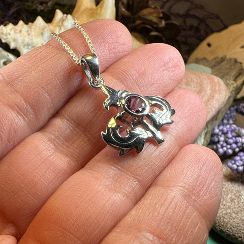 Load image into Gallery viewer, Thistle Necklace, Scotland Jewelry, Amethyst Pendant, Celtic Jewelry, Sister Gift, Mom Gift, Wife Gift, Anniversary Gift, Scotland Gift