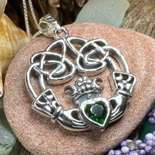 Load image into Gallery viewer, Claddagh Necklace, Irish Jewelry, Emerald Heart Pendant, Anniversary Gift, Graduation Gift, Birthday Gift, Friendship Gift, May Birthstone