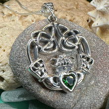Load image into Gallery viewer, Claddagh Necklace, Irish Jewelry, Emerald Heart Pendant, Anniversary Gift, Graduation Gift, Birthday Gift, Friendship Gift, May Birthstone
