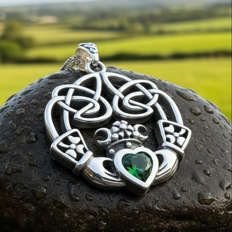 Load image into Gallery viewer, Claddagh Necklace, Irish Jewelry, Emerald Heart Pendant, Anniversary Gift, Graduation Gift, Birthday Gift, Friendship Gift, May Birthstone