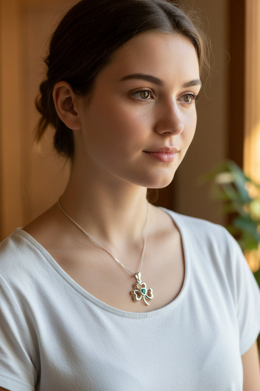Shamrock Necklace, Clover Pendant, Irish Necklace, Irish Gift, Anniversary Gift, Emerald Ireland Jewelry, Friendship Gift, Celtic Necklace