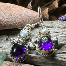 Load image into Gallery viewer, Amethyst Pearl Earrings, Celtic Jewelry, Dangle Earrings, Goddess Jewelry, Boho Gift, Anniversary Gift, Silver Mom Gift, Purple Jewelry