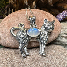 Load image into Gallery viewer, Cat Necklace, Celtic Jewelry, Moonstone Jewelry, Cat Lover Gift, Cat Mom Gift, Anniversary Gift, Animal Necklace, Nature Necklace