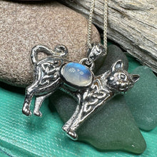 Load image into Gallery viewer, Cat Necklace, Celtic Jewelry, Moonstone Jewelry, Cat Lover Gift, Cat Mom Gift, Anniversary Gift, Animal Necklace, Nature Necklace