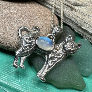 Cat Necklace, Celtic Jewelry, Moonstone Jewelry, Cat Lover Gift, Cat Mom Gift, Anniversary Gift, Animal Necklace, Nature Necklace
