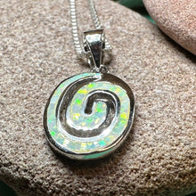 Load image into Gallery viewer, Celtic Spiral Necklace, Irish Jewelry, Opal Pendant, Anniversary Gift, Newgrange Jewelry, White Fire Opal, Mom Gift, Sister Gift, Wife Gift