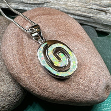 Load image into Gallery viewer, Celtic Spiral Necklace, Irish Jewelry, Opal Pendant, Anniversary Gift, Newgrange Jewelry, White Fire Opal, Mom Gift, Sister Gift, Wife Gift