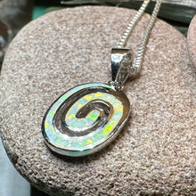 Load image into Gallery viewer, Celtic Spiral Necklace, Irish Jewelry, Opal Pendant, Anniversary Gift, Newgrange Jewelry, White Fire Opal, Mom Gift, Sister Gift, Wife Gift