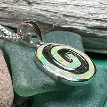 Load image into Gallery viewer, Celtic Spiral Necklace, Irish Jewelry, Opal Pendant, Anniversary Gift, Newgrange Jewelry, White Fire Opal, Mom Gift, Sister Gift, Wife Gift