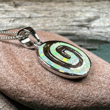 Load image into Gallery viewer, Celtic Spiral Necklace, Irish Jewelry, Opal Pendant, Anniversary Gift, Newgrange Jewelry, White Fire Opal, Mom Gift, Sister Gift, Wife Gift