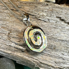 Load image into Gallery viewer, Celtic Spiral Necklace, Irish Jewelry, Opal Pendant, Anniversary Gift, Newgrange Jewelry, White Fire Opal, Mom Gift, Sister Gift, Wife Gift