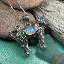 Load image into Gallery viewer, Cat Necklace, Celtic Jewelry, Moonstone Jewelry, Cat Lover Gift, Cat Mom Gift, Anniversary Gift, Animal Necklace, Nature Necklace