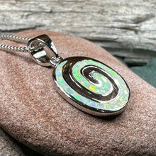 Load image into Gallery viewer, Celtic Spiral Necklace, Irish Jewelry, Opal Pendant, Anniversary Gift, Newgrange Jewelry, White Fire Opal, Mom Gift, Sister Gift, Wife Gift