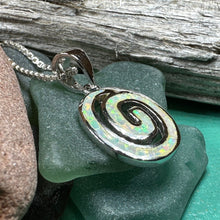 Load image into Gallery viewer, Celtic Spiral Necklace, Irish Jewelry, Opal Pendant, Anniversary Gift, Newgrange Jewelry, White Fire Opal, Mom Gift, Sister Gift, Wife Gift