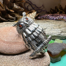 Load image into Gallery viewer, Owl Necklace, Owl Brooch, Bird Necklace, Garnet Jewelry, Wiccan Jewelry, Woodland Brooch, Wife Gift, Mom Gift, Silver Owl Pin, Large Pendant