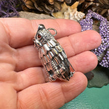 Load image into Gallery viewer, Owl Necklace, Owl Brooch, Bird Necklace, Garnet Jewelry, Wiccan Jewelry, Woodland Brooch, Wife Gift, Mom Gift, Silver Owl Pin, Large Pendant