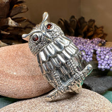 Load image into Gallery viewer, Owl Necklace, Owl Brooch, Bird Necklace, Garnet Jewelry, Wiccan Jewelry, Woodland Brooch, Wife Gift, Mom Gift, Silver Owl Pin, Large Pendant