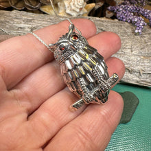Load image into Gallery viewer, Owl Necklace, Owl Brooch, Bird Necklace, Garnet Jewelry, Wiccan Jewelry, Woodland Brooch, Wife Gift, Mom Gift, Silver Owl Pin, Large Pendant