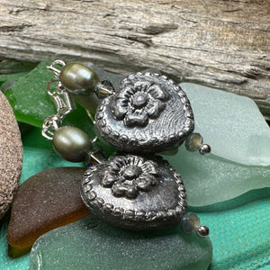 Victorian Pearl Earrings, Crystal Jewelry, Heart Long Earrings, Beaded Drop Earrings, Mom Gift, Sister Gift, Friendship Gift, Nature Jewelry