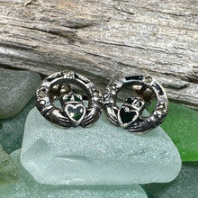 Load image into Gallery viewer, Claddagh Stud Earrings, Celtic Jewelry, Irish Jewelry, Celtic Knot Jewelry, Heart Jewelry, Anniversary Gift, Graduation Gift, Mom Gift