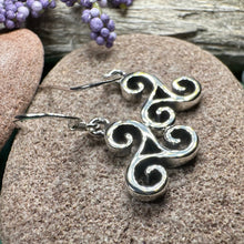 Load image into Gallery viewer, Celtic Spiral Earrings, Irish Jewelry, Scottish Earrings, Triskelion, Triskele, Wiccan Jewelry, Norse Jewelry, Ireland Gift, Triple Spiral