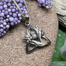 Load image into Gallery viewer, Thistle Necklace, Trinity Knot Pendant, Scottish Jewelry, Celtic Knot Jewelry, Triquetra Jewelry, Silver Scotland Jewelry, Anniversary Gift