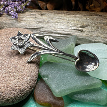 Load image into Gallery viewer, Daffodil Love Spoon Brooch, Celtic Pin, Wales Jewelry, Welsh Pin, Bridal Jewelry, Anniversary Gift, Heart Jewelry, Silver Spoon Wife Gift