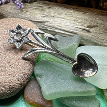 Load image into Gallery viewer, Daffodil Love Spoon Brooch, Celtic Pin, Wales Jewelry, Welsh Pin, Bridal Jewelry, Anniversary Gift, Heart Jewelry, Silver Spoon Wife Gift