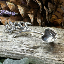 Load image into Gallery viewer, Daffodil Love Spoon Brooch, Celtic Pin, Wales Jewelry, Welsh Pin, Bridal Jewelry, Anniversary Gift, Heart Jewelry, Silver Spoon Wife Gift