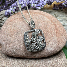 Load image into Gallery viewer, Thistle Necklace, Scotland Jewelry, Marcasite Pendant, Silver Scotland Jewelry, Mom Gift, Graduation Gift, Celtic Jewelry, Nature Necklace