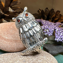 Load image into Gallery viewer, Owl Necklace, Owl Brooch, Bird Necklace, Garnet Jewelry, Wiccan Jewelry, Woodland Brooch, Wife Gift, Mom Gift, Silver Owl Pin, Large Pendant