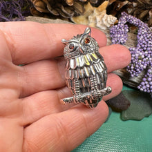 Load image into Gallery viewer, Owl Necklace, Owl Brooch, Bird Necklace, Garnet Jewelry, Wiccan Jewelry, Woodland Brooch, Wife Gift, Mom Gift, Silver Owl Pin, Large Pendant