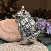 Load image into Gallery viewer, Owl Necklace, Owl Brooch, Bird Necklace, Garnet Jewelry, Wiccan Jewelry, Woodland Brooch, Wife Gift, Mom Gift, Silver Owl Pin, Large Pendant